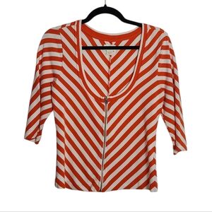 ANTHROPOLOGIE MAEVE Diagonal Striped Orange and White Front Zip Blouse Size Med